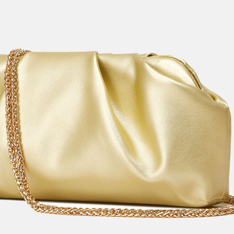 Women's Vegan Leather Metallic Pleated Chain Crossbody Clutch Bag