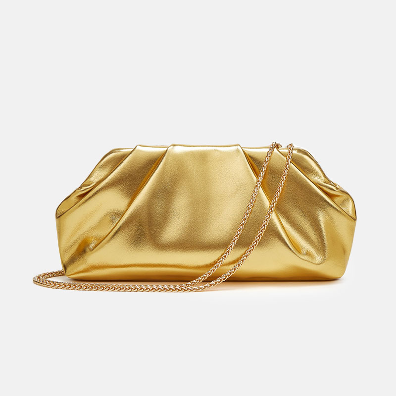 Women's Vegan Leather Metallic Pleated Chain Crossbody Clutch Bag