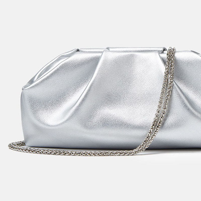 Women's Vegan Leather Metallic Pleated Chain Crossbody Clutch Bag