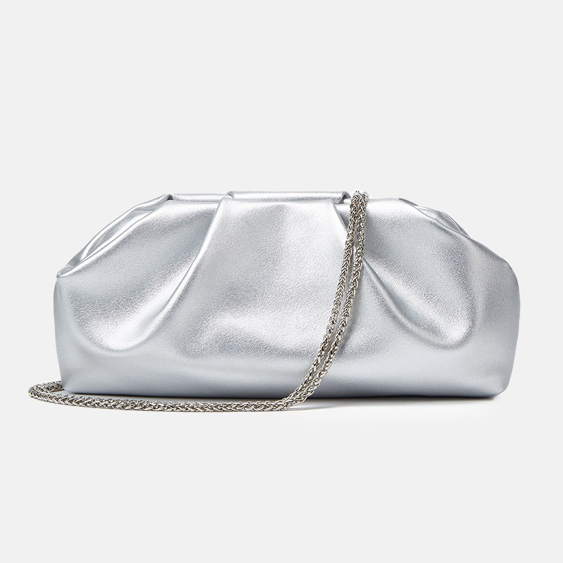 Women's Vegan Leather Metallic Pleated Chain Crossbody Clutch Bag