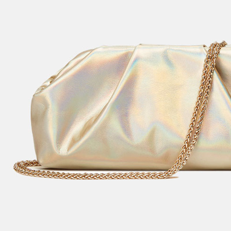 Women's Vegan Leather Metallic Pleated Chain Crossbody Clutch Bag