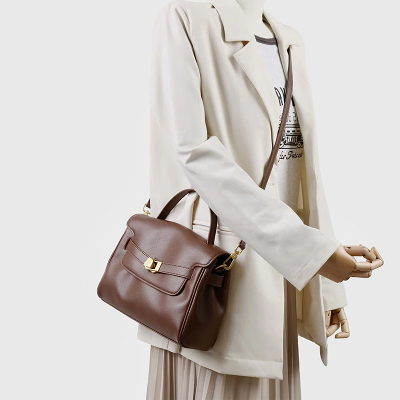 Women's Split Leather Drawstring Turn-Lock Top Handle Satchel Bag with Shoulder Crossbody Strap