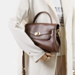 Women's Split Leather Drawstring Turn-Lock Top Handle Satchel Bag with Shoulder Crossbody Strap