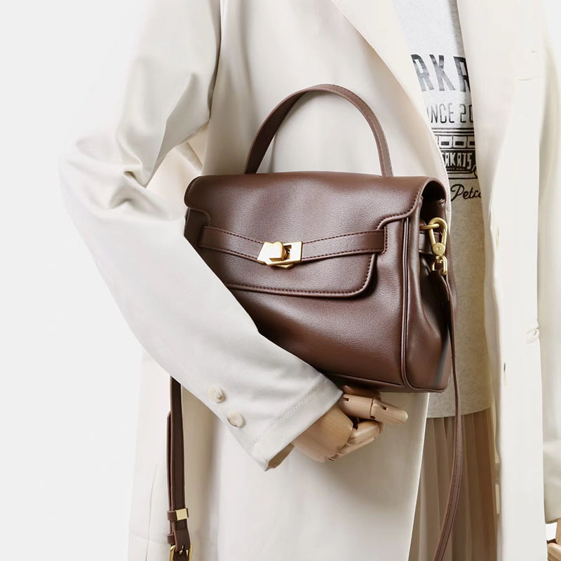 Women's Split Leather Drawstring Turn-Lock Top Handle Satchel Bag with Shoulder Crossbody Strap