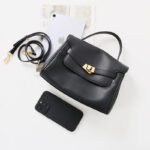 Women's Split Leather Drawstring Turn-Lock Top Handle Satchel Bag with Shoulder Crossbody Strap