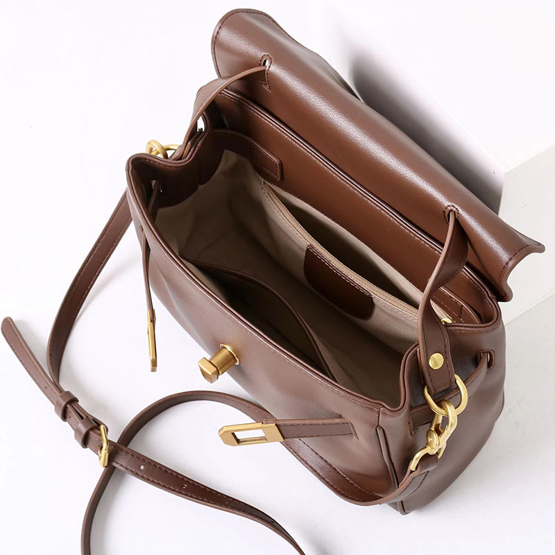 Women's Split Leather Drawstring Turn-Lock Top Handle Satchel Bag with Shoulder Crossbody Strap