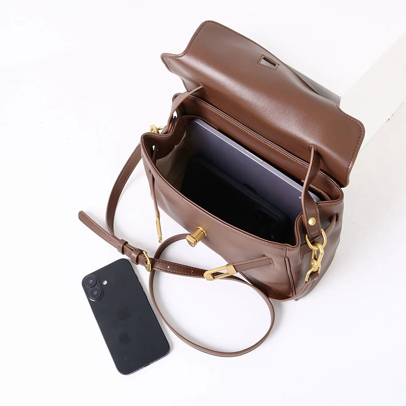 Women's Split Leather Drawstring Turn-Lock Top Handle Satchel Bag with Shoulder Crossbody Strap