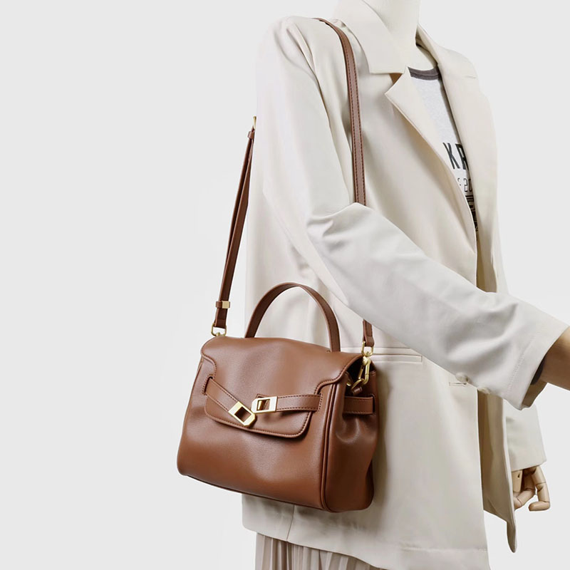 Women's Split Leather Drawstring Turn-Lock Top Handle Satchel Bag with Shoulder Crossbody Strap