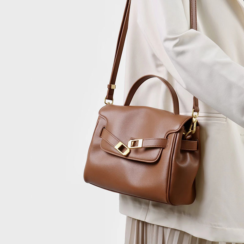 Women's Split Leather Drawstring Turn-Lock Top Handle Satchel Bag with Shoulder Crossbody Strap