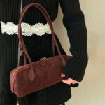 Women's Suede Leather Zip-Top Shoulder Baguette Bag