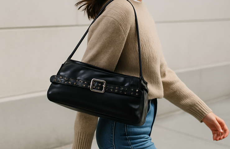 Woman styling a sleek baguette bag with a tailored outfit on a city street