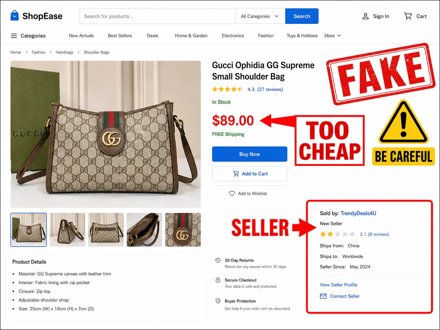 Suspicious Gucci bag listing with price and seller warning signs