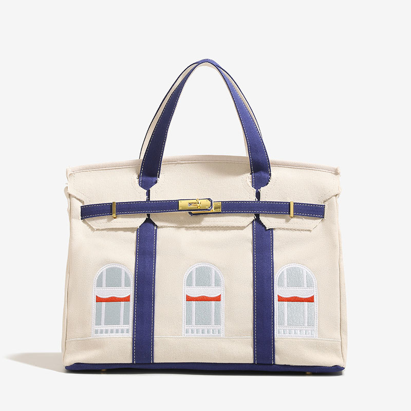 Women's Canvas Embroidered Window Top Handle Tote Bag