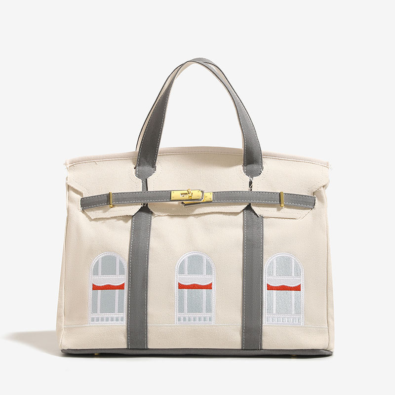 Women's Canvas Embroidered Window Top Handle Tote Bag
