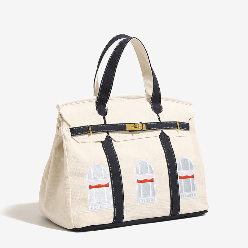 Women's Canvas Embroidered Window Top Handle Tote Bag