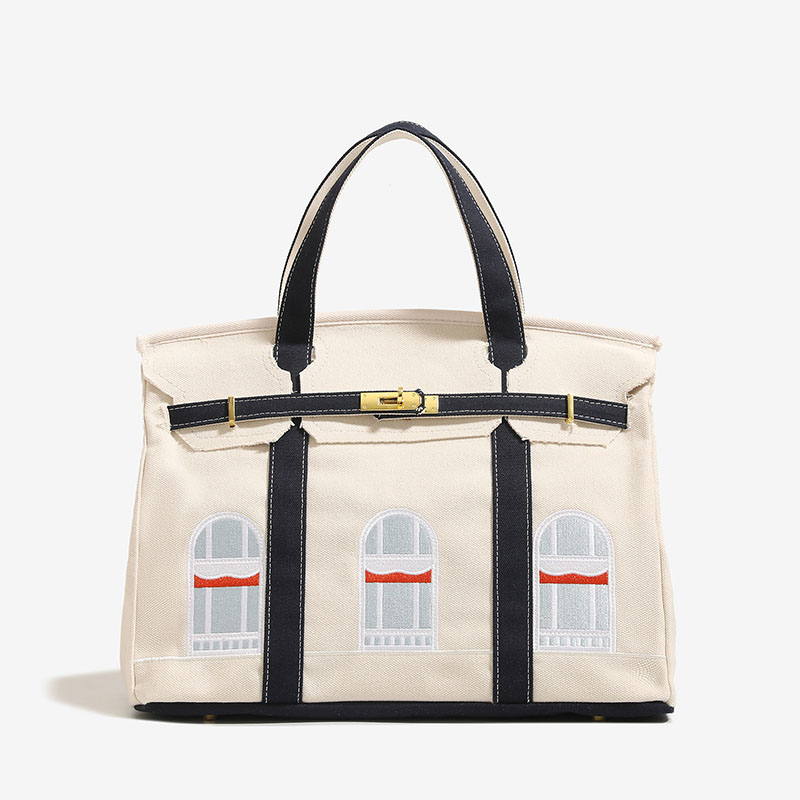 Women's Canvas Embroidered Window Top Handle Tote Bag