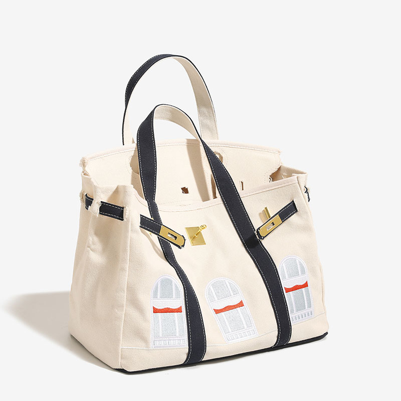 Women's Canvas Embroidered Window Top Handle Tote Bag