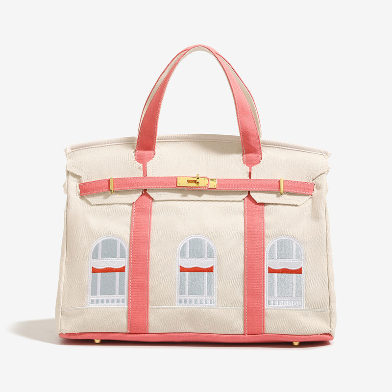 Women's Canvas Embroidered Window Top Handle Tote Bag