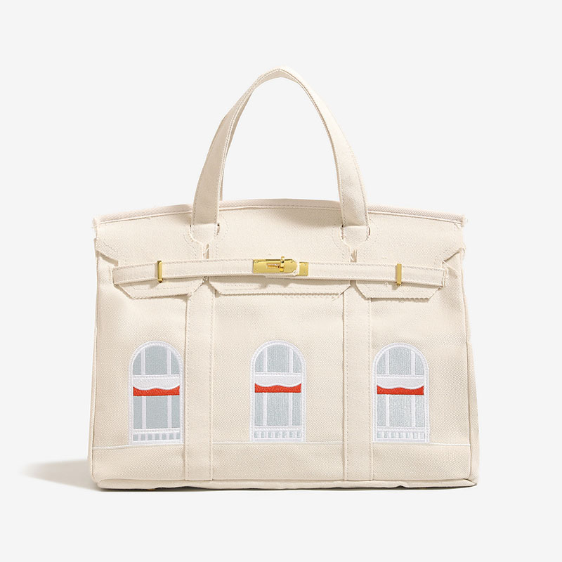 Women's Canvas Embroidered Window Top Handle Tote Bag