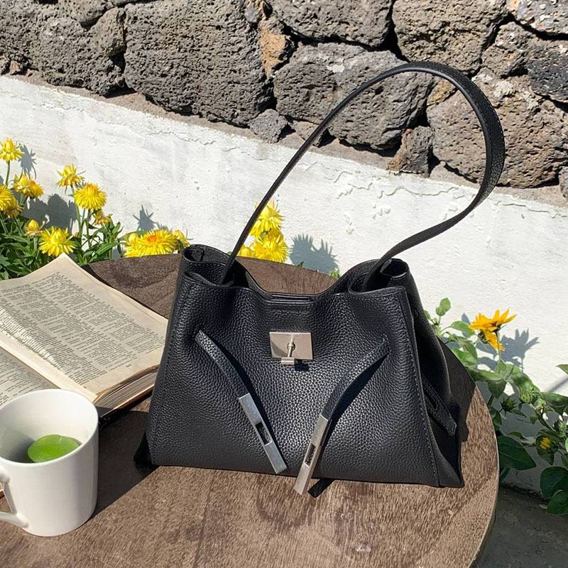 Women's Full-Grain Leather Structured Lock Crossbody Shoulder Hobo Bag