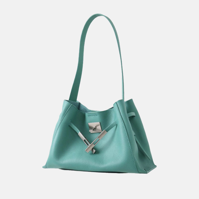 Women's Full-Grain Leather Textured Lock Detail Shoulder Hobo Bag