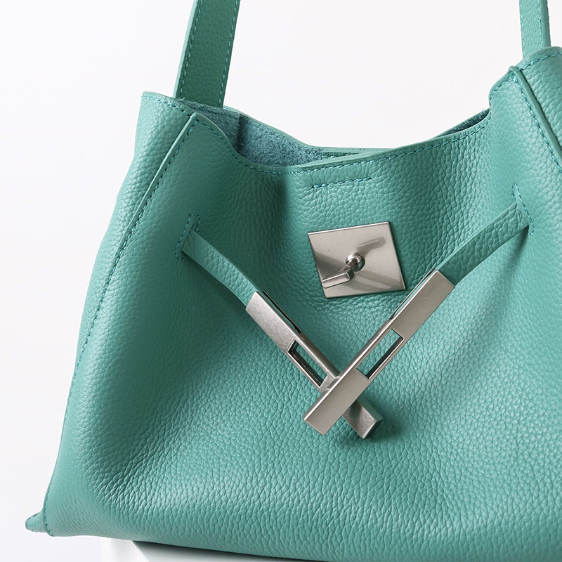 Women's Full-Grain Leather Textured Lock Detail Shoulder Hobo Bag