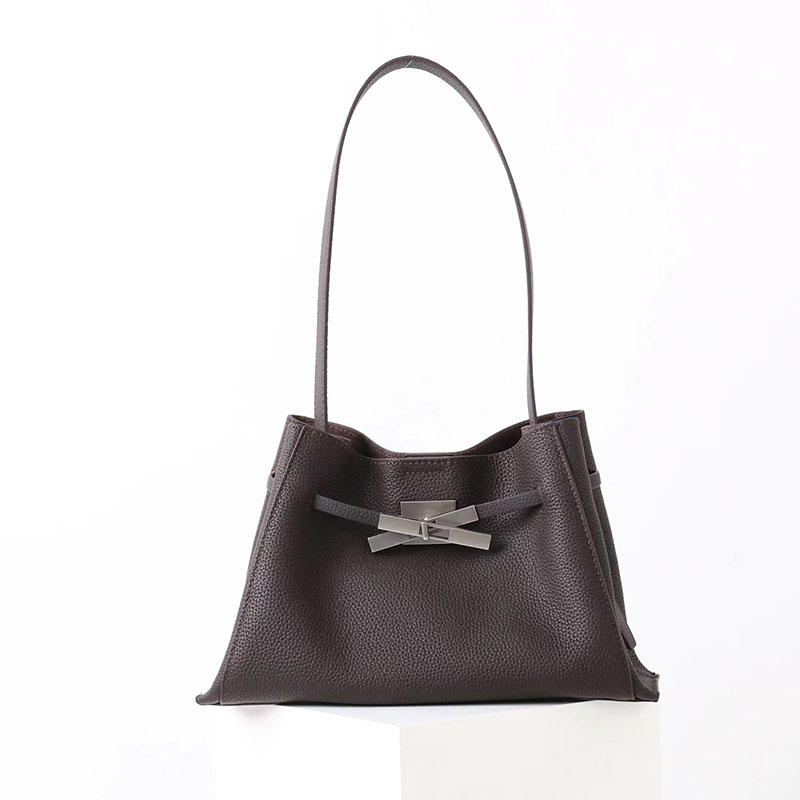 Women's Full-Grain Leather Textured Lock Detail Shoulder Hobo Bag