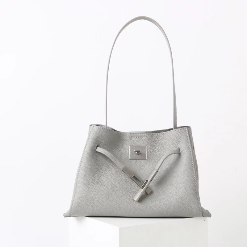 Women's Full-Grain Leather Textured Lock Detail Shoulder Hobo Bag