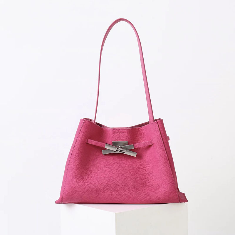 Women's Full-Grain Leather Textured Lock Detail Shoulder Hobo Bag