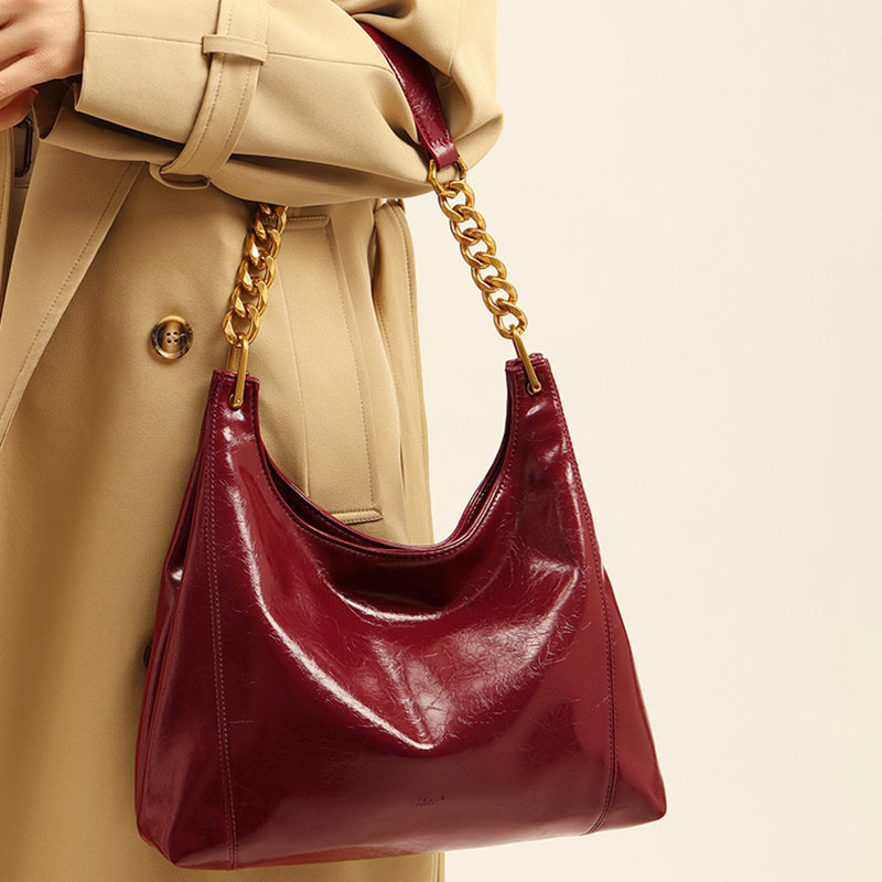 Women's Vegan Leather Glossy Chain Shoulder Crossbody Hobo Bag