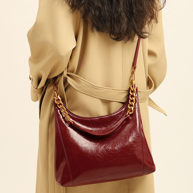 Women's Vegan Leather Glossy Chain Shoulder Crossbody Hobo Bag
