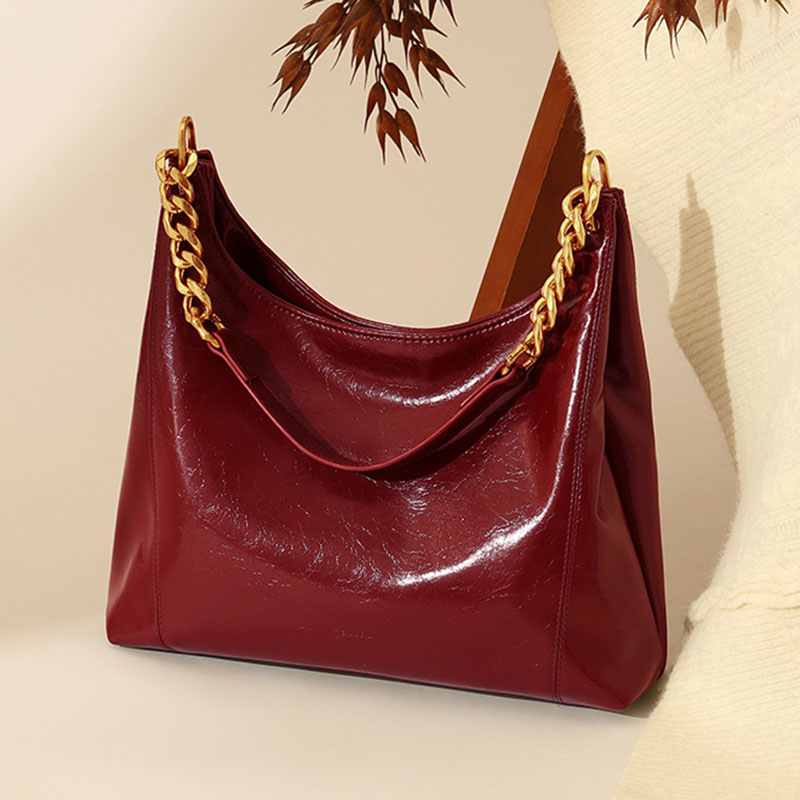 Women's Vegan Leather Glossy Chain Shoulder Crossbody Hobo Bag