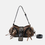 Women's Vegan Leather Leopard Studded Baguette Shoulder Hobo Bag