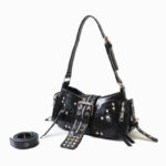 Women's Vegan Leather Leopard Studded Baguette Shoulder Hobo Bag