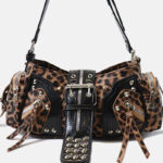 Women's Vegan Leather Leopard Studded Baguette Shoulder Hobo Bag