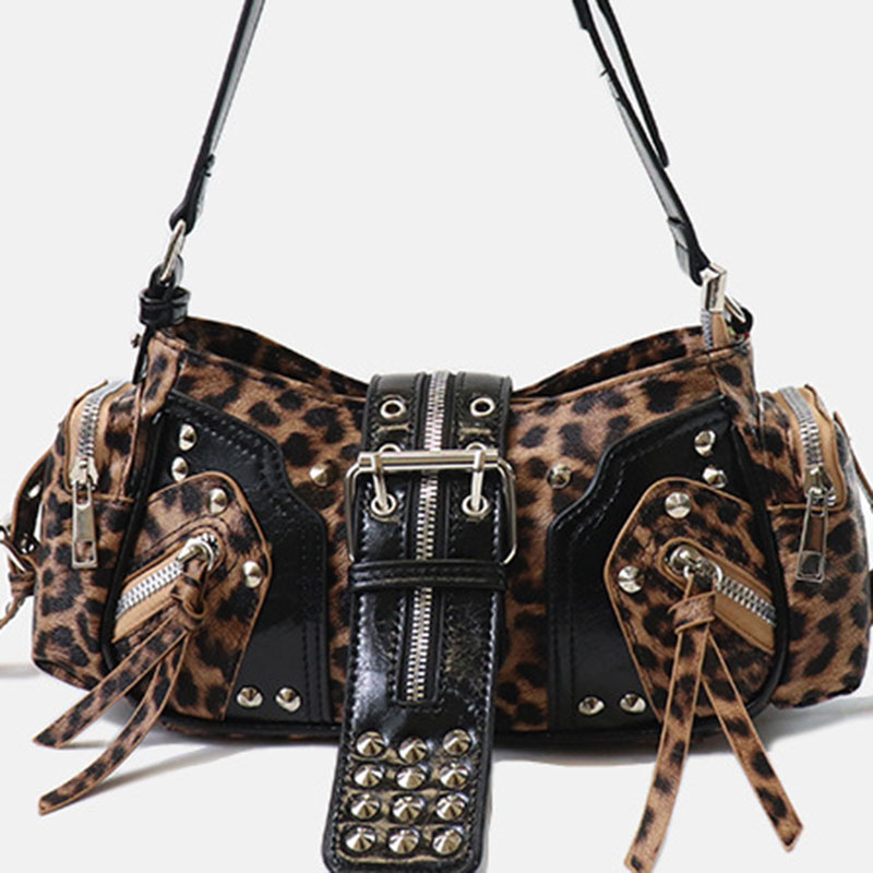 Women's Vegan Leather Leopard Studded Baguette Shoulder Hobo Bag