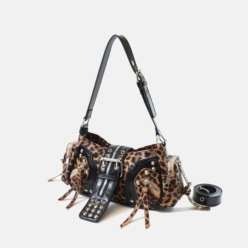 Women's Vegan Leather Leopard Studded Baguette Shoulder Hobo Bag