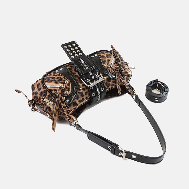 Women's Vegan Leather Leopard Studded Baguette Shoulder Hobo Bag