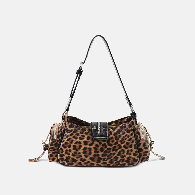 Women's Vegan Leather Leopard Studded Baguette Shoulder Hobo Bag