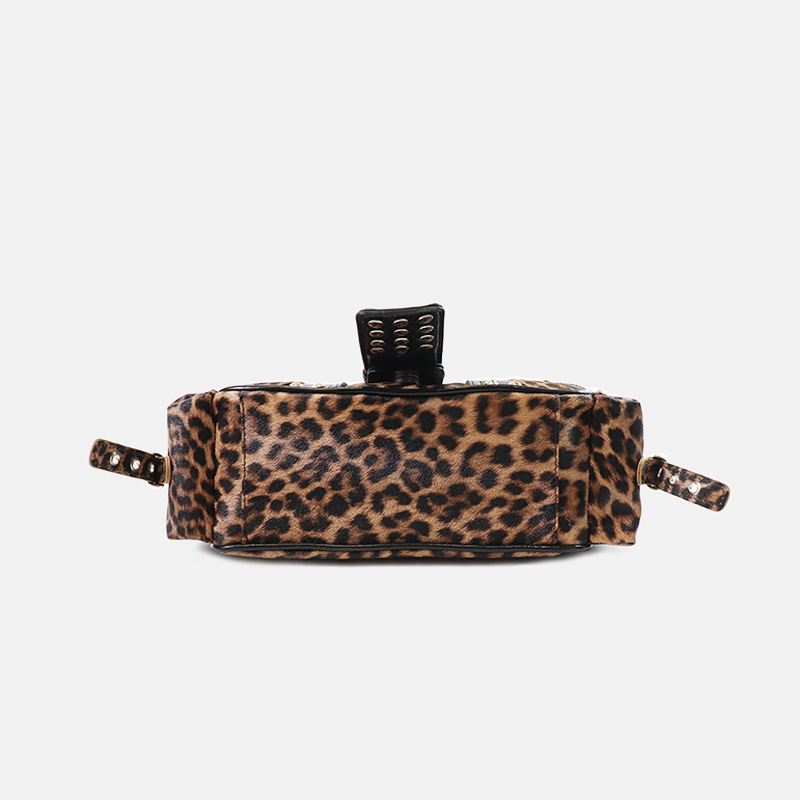 Women's Vegan Leather Leopard Studded Baguette Shoulder Hobo Bag