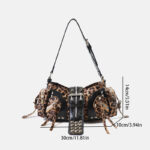 Women's Vegan Leather Leopard Studded Baguette Shoulder Hobo Bag