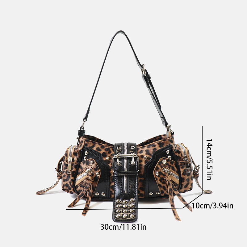 Women's Vegan Leather Leopard Studded Baguette Shoulder Hobo Bag