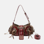 Women's Vegan Leather Leopard Studded Baguette Shoulder Hobo Bag