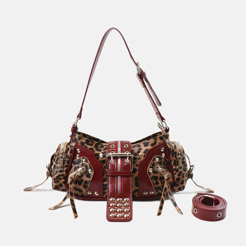 Women's Vegan Leather Leopard Studded Baguette Shoulder Hobo Bag