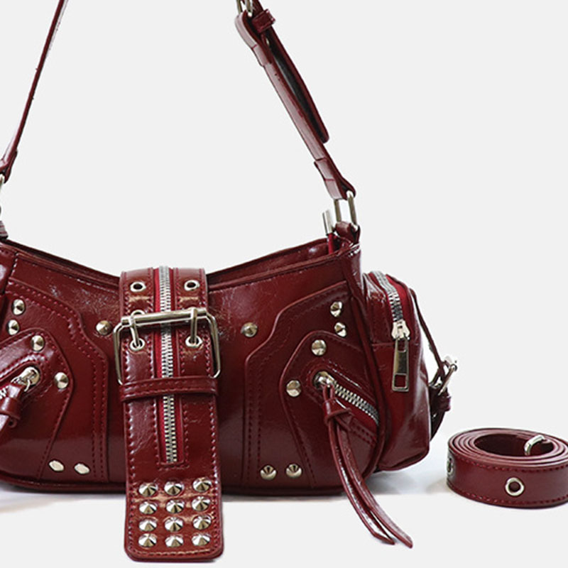 Women's Vegan Leather Leopard Studded Baguette Shoulder Hobo Bag