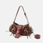 Women's Vegan Leather Leopard Studded Baguette Shoulder Hobo Bag