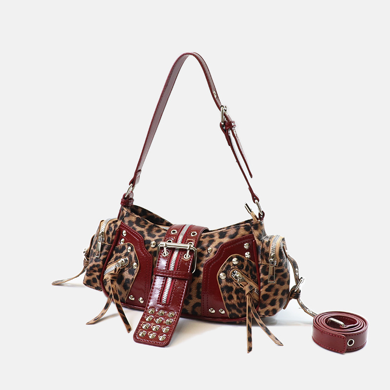 Women's Vegan Leather Leopard Studded Baguette Shoulder Hobo Bag