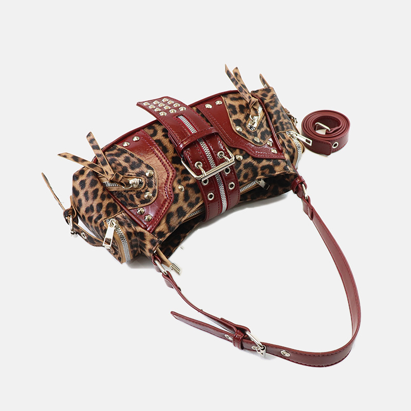 Women's Vegan Leather Leopard Studded Baguette Shoulder Hobo Bag