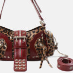 Women's Vegan Leather Leopard Studded Baguette Shoulder Hobo Bag