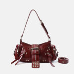 Women's Vegan Leather Leopard Studded Baguette Shoulder Hobo Bag